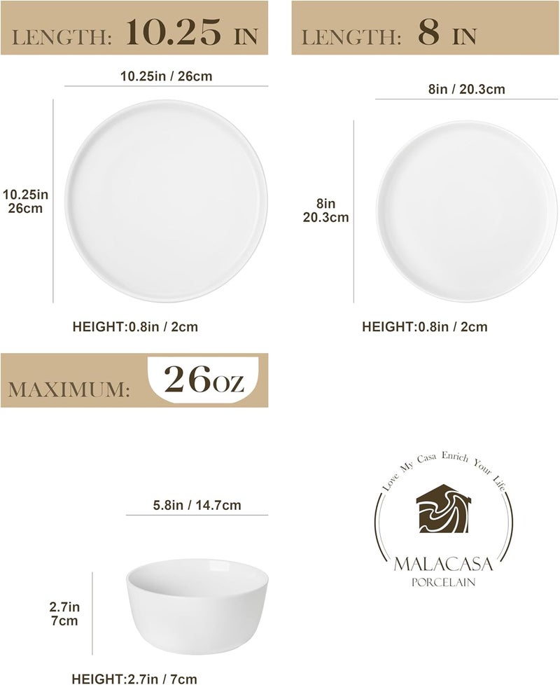 MALACASA 12 Pieces Gourmet Porcelain Dinnerware Sets, Premium Plates and Bowls Set, High-Fired Ceramic Dishes Set for 4, Chip & Scratch Resistant, Microwave Dishwasher Safe, White, Series LEXI - Image 2