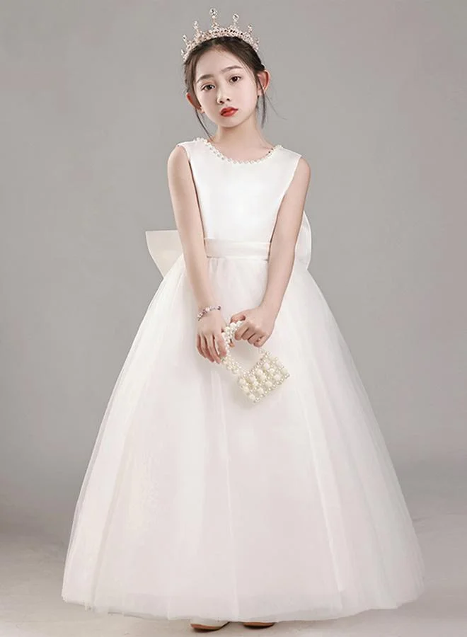 Styli Styli Girls White Pearl Decor Deep V-Back Party Dress