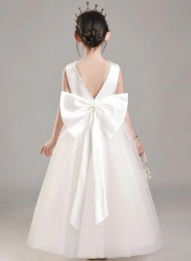 تايك تو Take Two Girls White Pearl Decor Deep V-Back Party Dress
