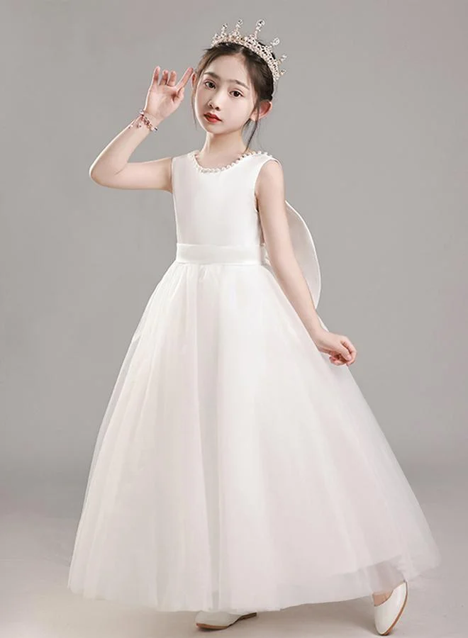 Styli Styli Girls White Pearl Decor Deep V-Back Party Dress