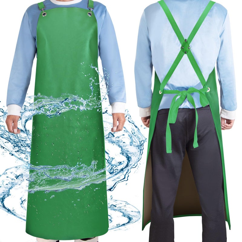 SHEOMERN Waterproof Aprons for Men 43 Long PU Rubber Heavy Duty Apron with Adjustable XStrap for Dishwasher Butcher Dog Grooming Lab Chemical Work Green