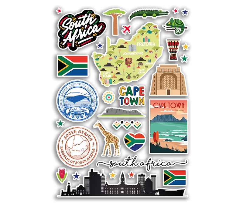 DV DESIGN A4 Sticker Sheet South Africa Landmarks Vinyl Stickers - African City Map Airport Stamp Skyline Flag Travel Holiday Culture Aesthetic #79999 - Image 1