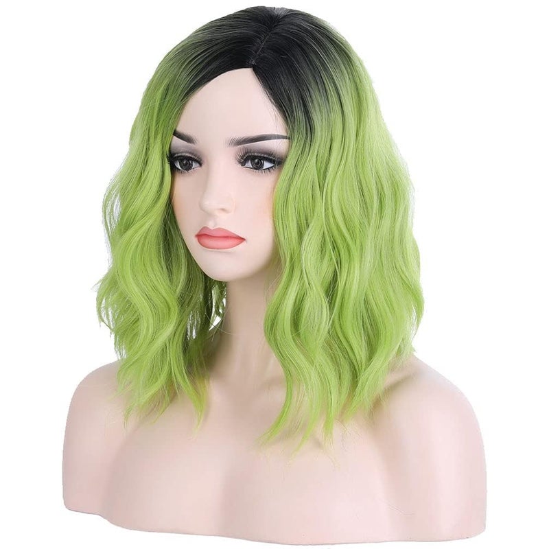 BERON 14 Inches Ombre Green Wig Short Curly Wig Bob Matcha Green Wigs Women Beach Wave Wigs for Cosplay Costume Party Hairnet Included