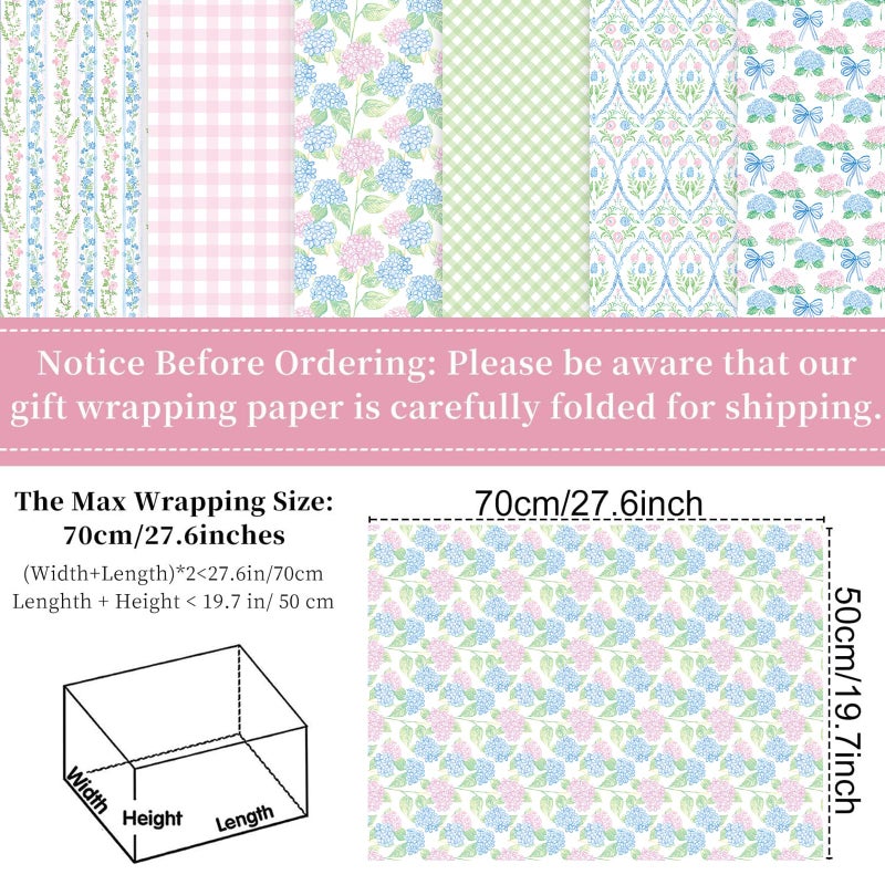 Fabllewavi 12 Sheets Watercolor Hydrangea Wrapping Paper - Not Roll - 19.7 x 27.6 Inch Pastel Floral Bow Patterns Gift Wrap Paper for Birthday Wedding Baby Shower Party Wrapping Supplies, 6 Styles - Image 2
