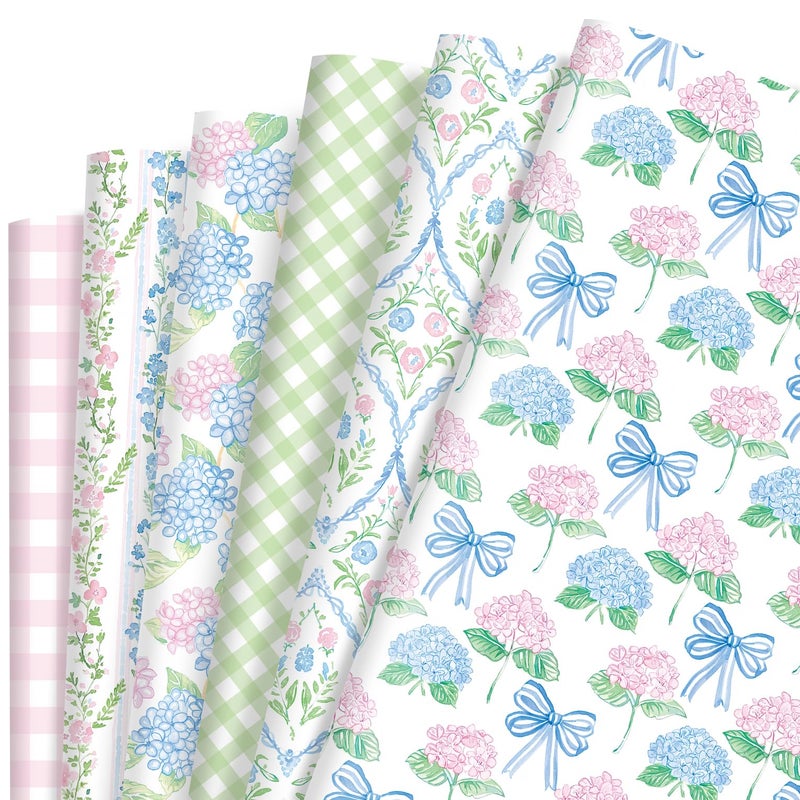 Fabllewavi 12 Sheets Watercolor Hydrangea Wrapping Paper - Not Roll - 19.7 x 27.6 Inch Pastel Floral Bow Patterns Gift Wrap Paper for Birthday Wedding Baby Shower Party Wrapping Supplies, 6 Styles - Image 1