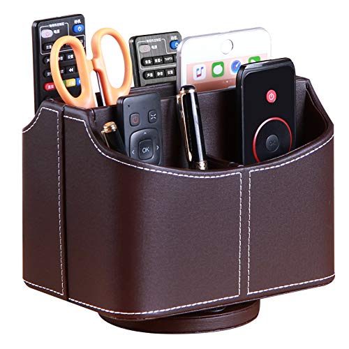 PUSU Remote Control Holder PU Leather 360 Degrees Rotatable Desktop Supply Organizer Storage Box for Controllers Media Stationery Nightstand TV Caddy Ereader iPad Phone PenPencil CosmeticBrown - Image 1
