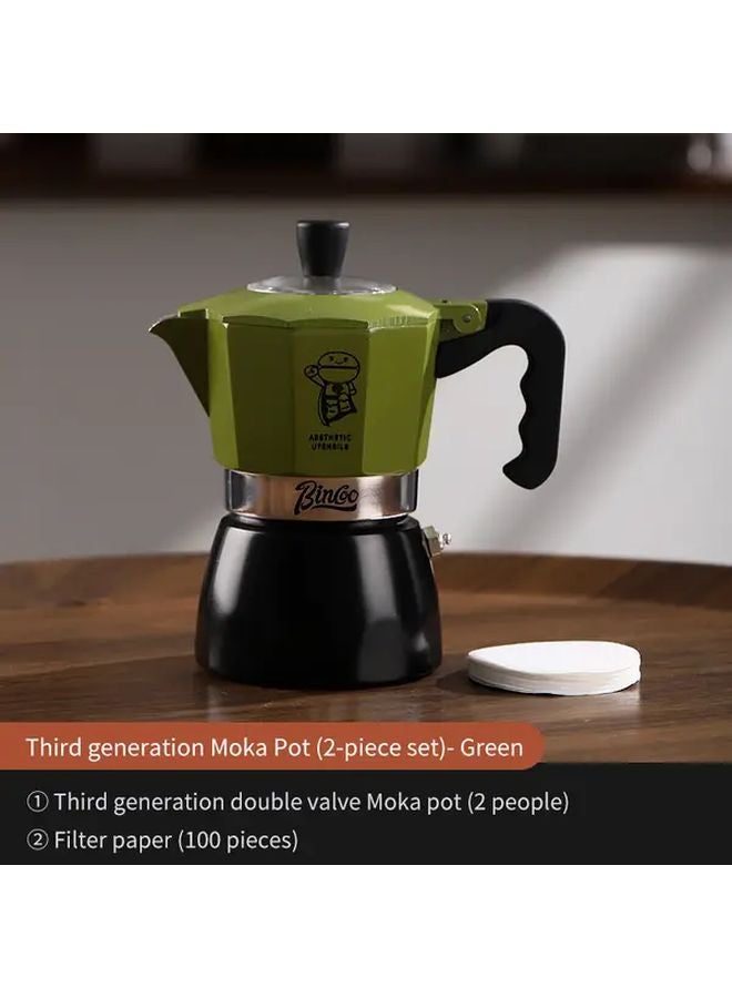 Green Black Dual Valve Moka Pot 2cup Set With 100pcs Filter Papers - Image 1