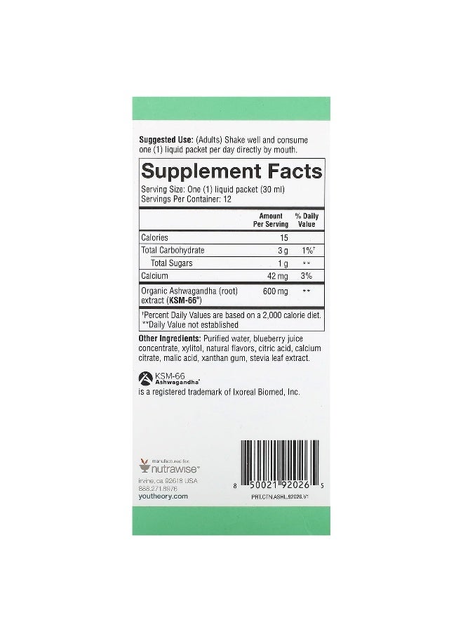 youtheory Youtheory, Ashwagandha Liquid, Blueberry, 600 mg, 12 Pouches, 1 fl oz (30 ml) Each  - Image 2