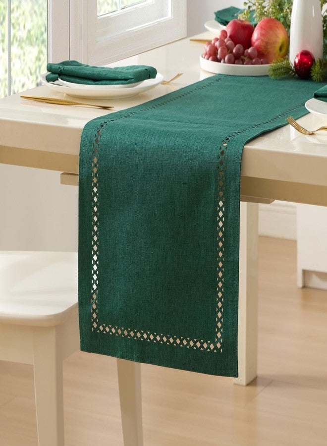 Newbridge Fabric Table Runner, 70 Inch, Holiday Provence Lattice Cutwork Solid Color Textured, Water and Stain Resistant Easy Care Fabric Table Cloth, Evergreen - Image 1