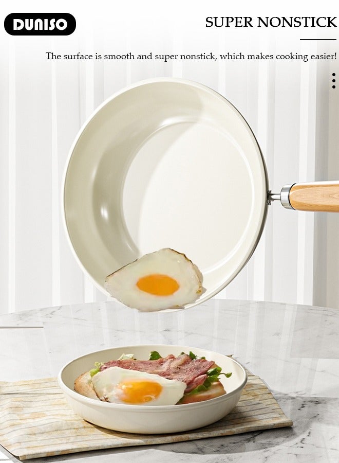 DUNISO Ceramic Lightweight Frying Pan Skillet Thickened Bottom,22cm Healthy Non-Stick 0 Fluorine Washable Coating Pans with Heat-Resistant Hanging Handle Thickened Glass Lid,Durable Wear and High Temperature Resistance Omelette Pan Compatible with All Stovetops,Ideal Frying, Cooking, Sauteing - Image 2