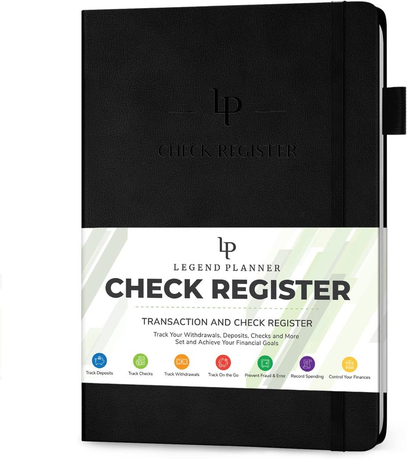 Legend Planner دفتر تسجيل الشيكات - دفتر حسابات للأعمال الصغيرة والاستخدام الشخصي - دفتر تسجيل الشيكات لتتبع المعاملات المالية - غلاف صلب، 7x10 بوصة، 6300 إدخال (أسود) - Image 1