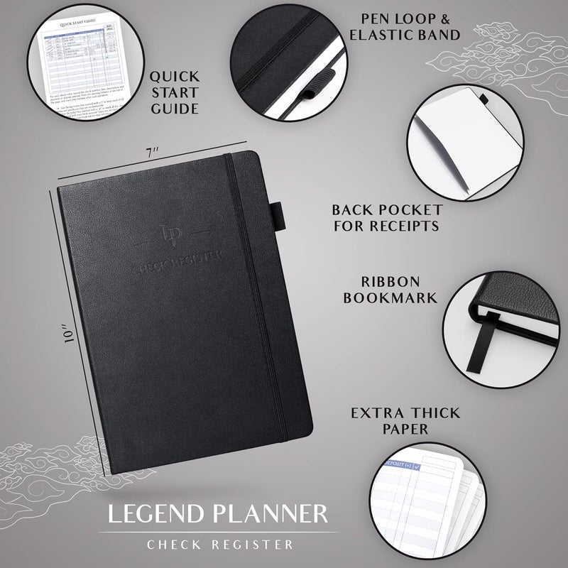 Legend Planner دفتر تسجيل الشيكات - دفتر حسابات للأعمال الصغيرة والاستخدام الشخصي - دفتر تسجيل الشيكات لتتبع المعاملات المالية - غلاف صلب، 7x10 بوصة، 6300 إدخال (أسود) - Image 2