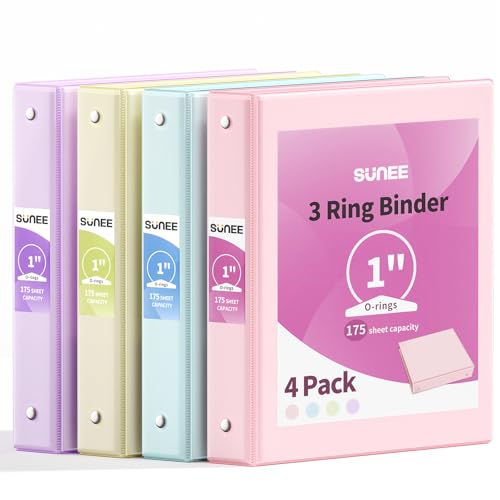 SUNEE 3 Ring Binder 1 Inch 4 Pack, Clear View 1" Binders Three Ring PVC-Free (Fit 8.5x11 Inches) for School or Office Supplies, Assorted Pastel - Image 1