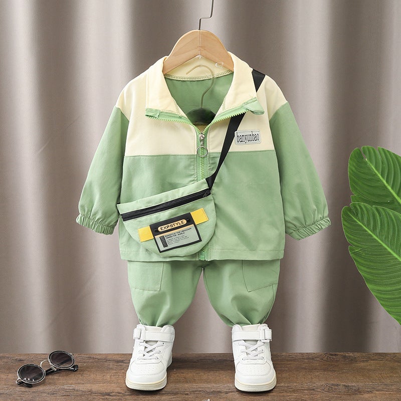 Foreign trade childrens clothing wholesale autumn new boys handsome satchel long sleeve casual two-piece boy spring clothes Green 