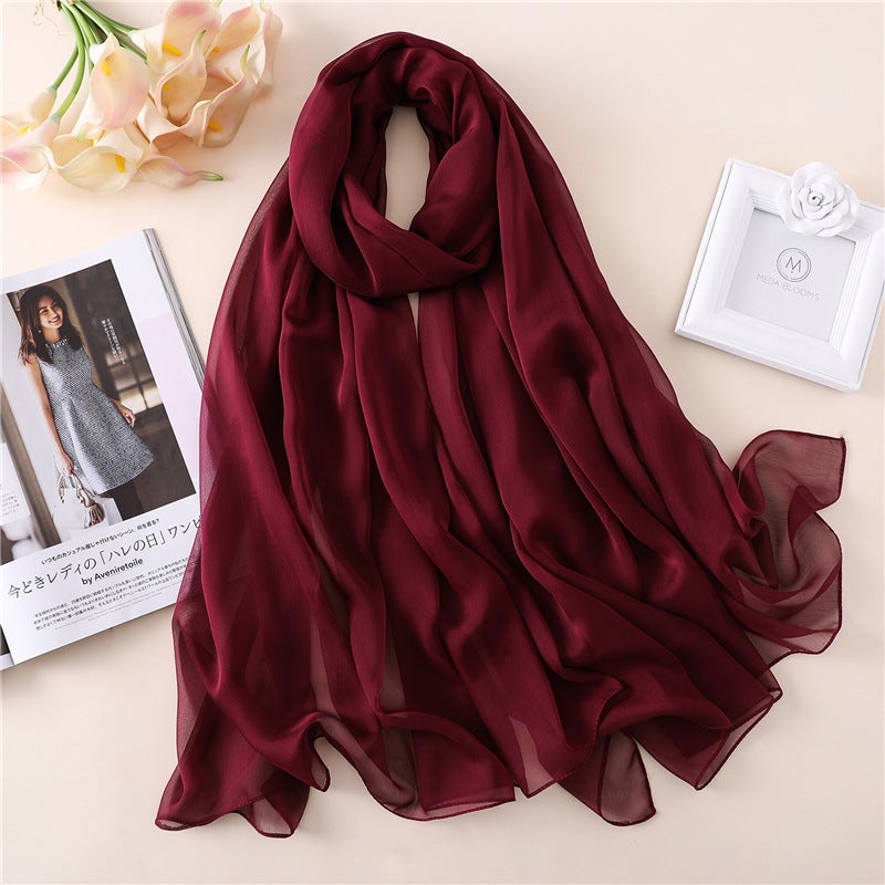 Solid color scarf women''s silk-like large size sunscreen shawl plain all-match thin smooth crepe beach towel wholesale - Image 5