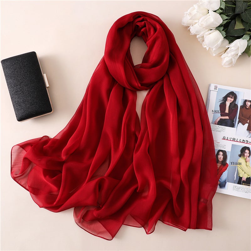 Solid color scarf women''s silk-like large size sunscreen shawl plain all-match thin smooth crepe beach towel wholesale - Image 1
