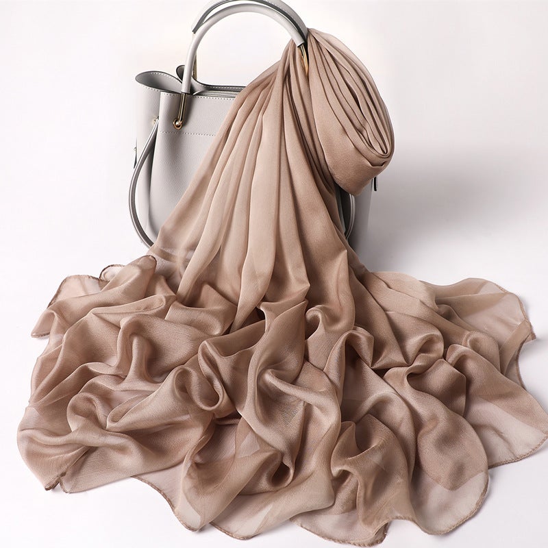 Solid color scarf women''s silk-like large size sunscreen shawl plain all-match thin smooth crepe beach towel wholesale - Image 2