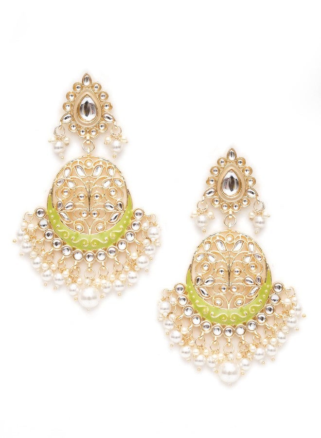 Karatcart Gold Plated Handcrafted Light Green Meena and Pearl Long Dangler Earrings for Women - Image 1
