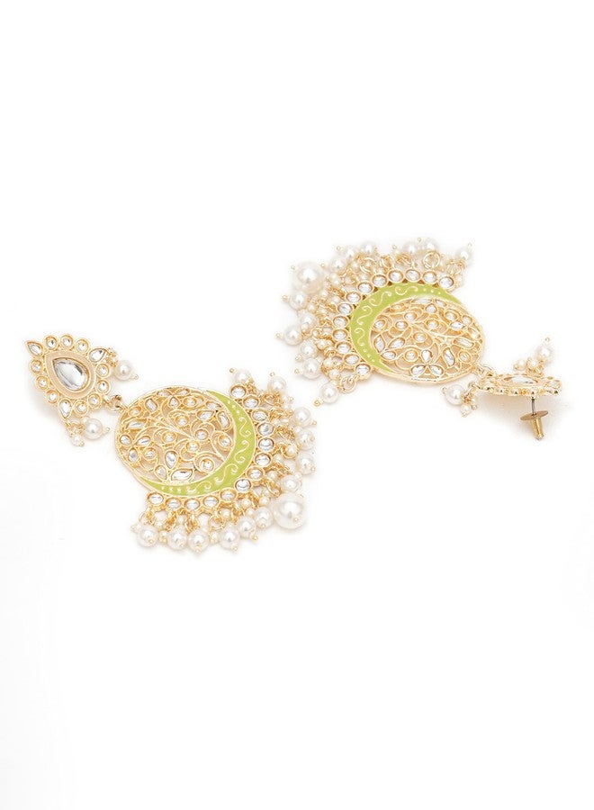 Karatcart Gold Plated Handcrafted Light Green Meena and Pearl Long Dangler Earrings for Women - Image 4