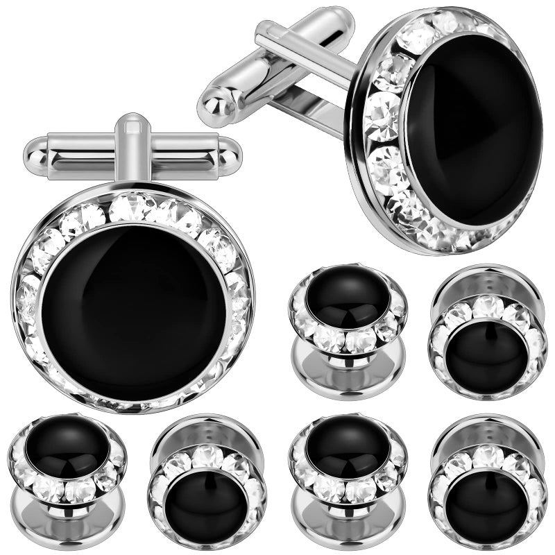 HAWSON Crystal Cuff Links and Studs Set for Mens Tuxedo Shrit Wedding Accessories (Silver) - Image 1