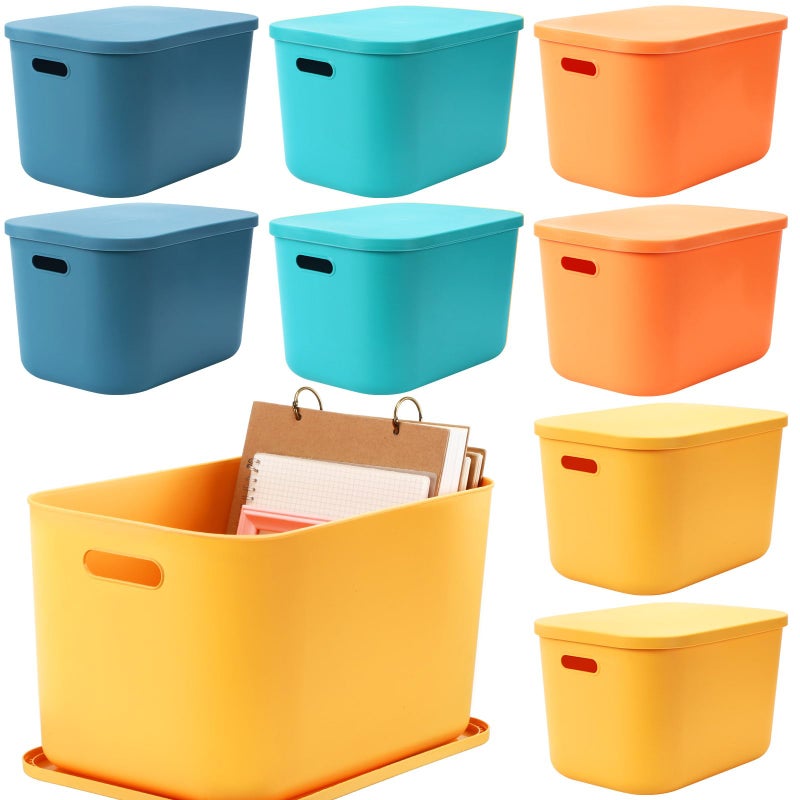 Hoolerry 8 Pieces Colorful Storage Bins with Lid, Plastic Storage Basket Organizing Container Stackable Box with Handle for Shelves Desktop Playroom Office(14.2 x 10.2 x 9.5 Inch,Multi-colored) - Image 1