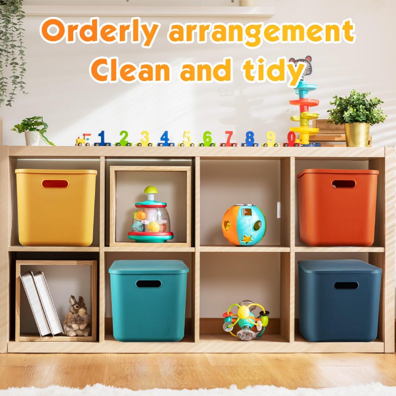 Hoolerry 8 Pieces Colorful Storage Bins with Lid, Plastic Storage Basket Organizing Container Stackable Box with Handle for Shelves Desktop Playroom Office(14.2 x 10.2 x 9.5 Inch,Multi-colored) - Image 4