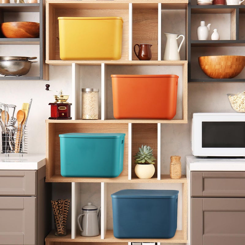 Hoolerry 8 Pieces Colorful Storage Bins with Lid, Plastic Storage Basket Organizing Container Stackable Box with Handle for Shelves Desktop Playroom Office(14.2 x 10.2 x 9.5 Inch,Multi-colored) - Image 5