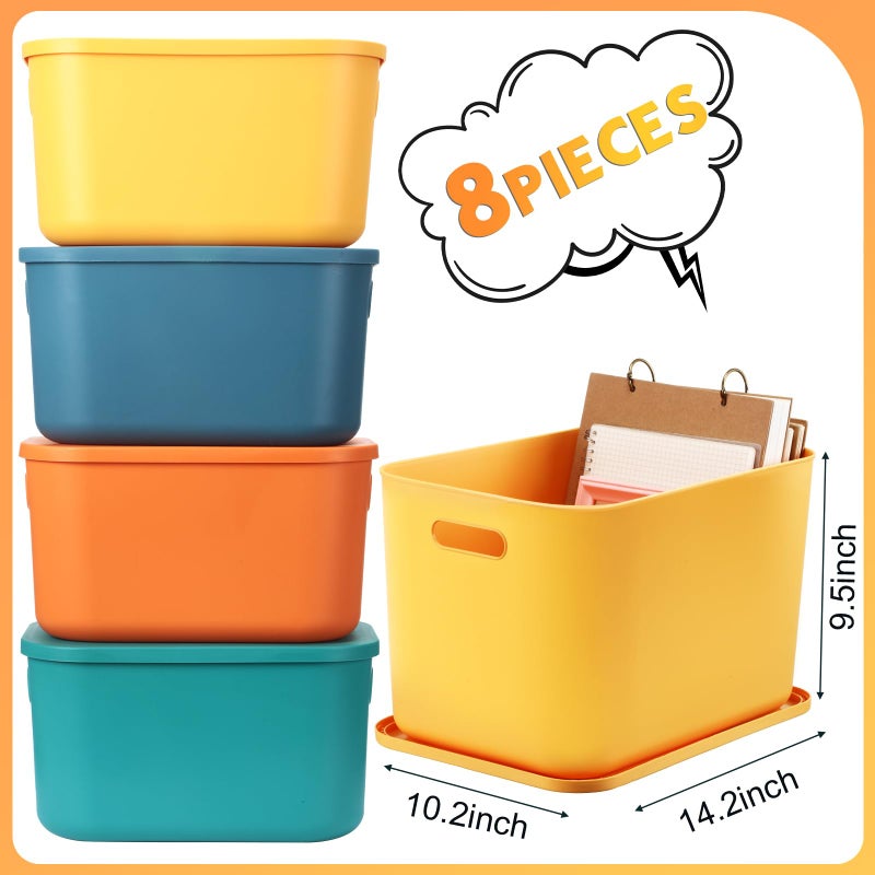 Hoolerry 8 Pieces Colorful Storage Bins with Lid, Plastic Storage Basket Organizing Container Stackable Box with Handle for Shelves Desktop Playroom Office(14.2 x 10.2 x 9.5 Inch,Multi-colored) - Image 2