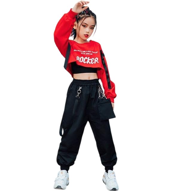 Ameeha Hip Hop Dance Costume Set, Crop Top, Tank Top, Cargo Jogger Pants, 3-Piece Street Style Outfit (Red, 9 Years-10 Years) - Image 1