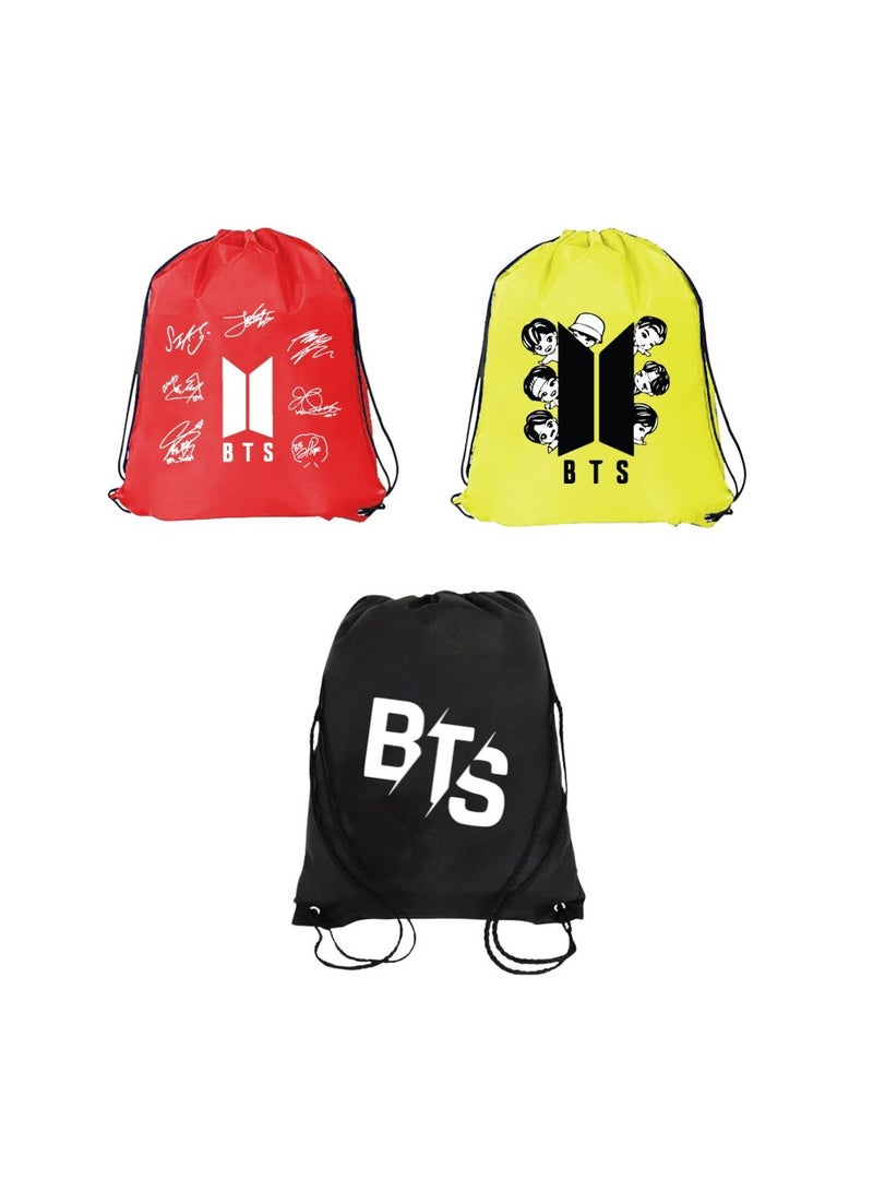 مجموعة من 3 حقائب برباط بتصميم BTS للأولاد والبنات - حقيبة ظهر رياضية متينة للأطفال، رائعة للمدرسة والاستخدام اليومي، خفيفة الوزن بتصميم BTS للاستخدام اليومي - Image 1
