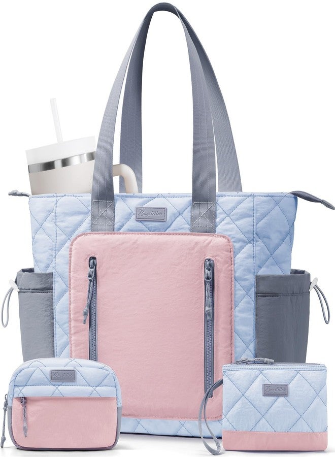 Bagstellar Puffer Tote Bag for Women, Lightweight Puffy Work Laptop Handbag Teacher Nurse Quilted Shoulder School Daily Travel Gym Bags, Blue-pink-grey, One Size - Image 1