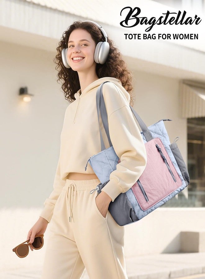 Bagstellar Puffer Tote Bag for Women, Lightweight Puffy Work Laptop Handbag Teacher Nurse Quilted Shoulder School Daily Travel Gym Bags, Blue-pink-grey, One Size - Image 2
