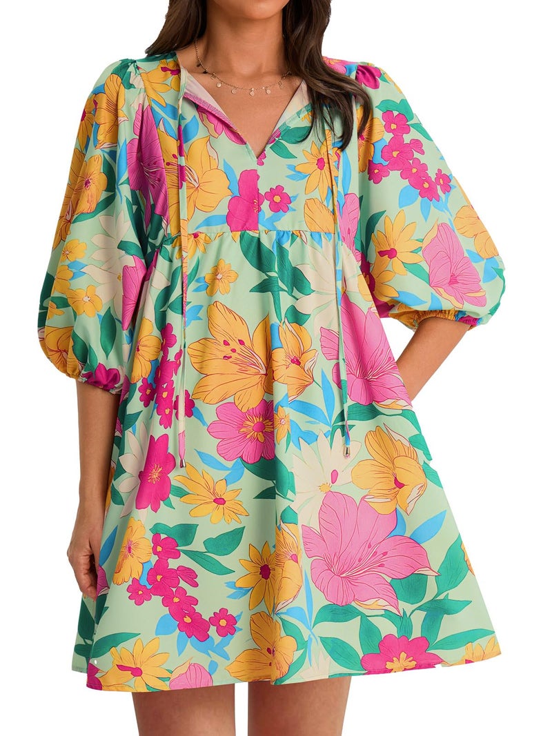 Yousify Women Floral Mini Babydoll Dress Casual Summer V Neck Puff Sleeve Beach Sundress Loose Fit Flowy Dresses Yellow Green - Image 1