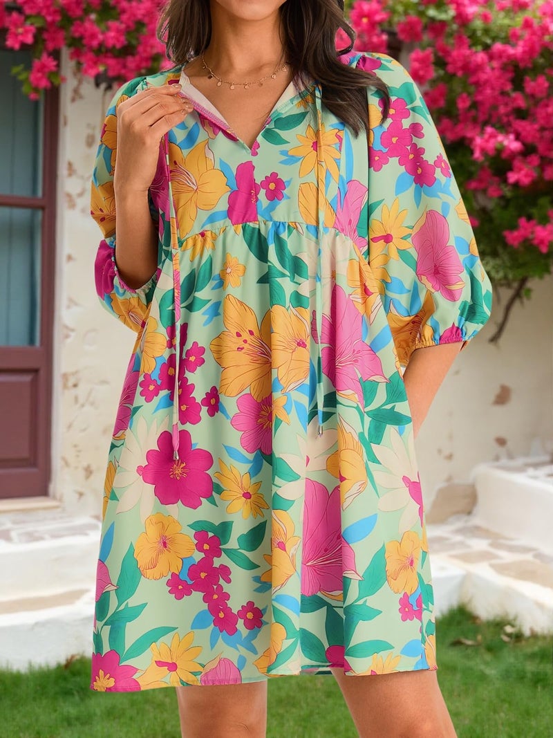 Yousify Women Floral Mini Babydoll Dress Casual Summer V Neck Puff Sleeve Beach Sundress Loose Fit Flowy Dresses Yellow Green - Image 2
