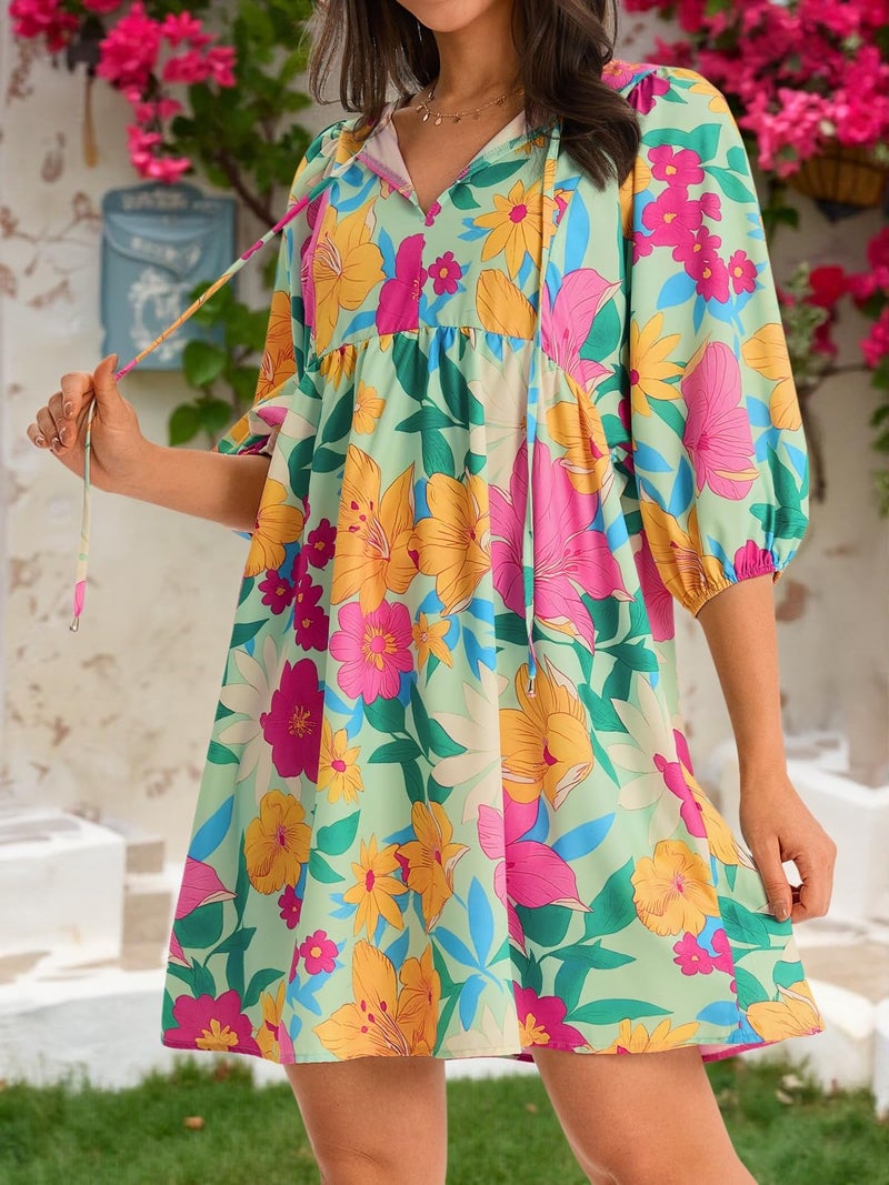 Yousify Women Floral Mini Babydoll Dress Casual Summer V Neck Puff Sleeve Beach Sundress Loose Fit Flowy Dresses Yellow Green - Image 3