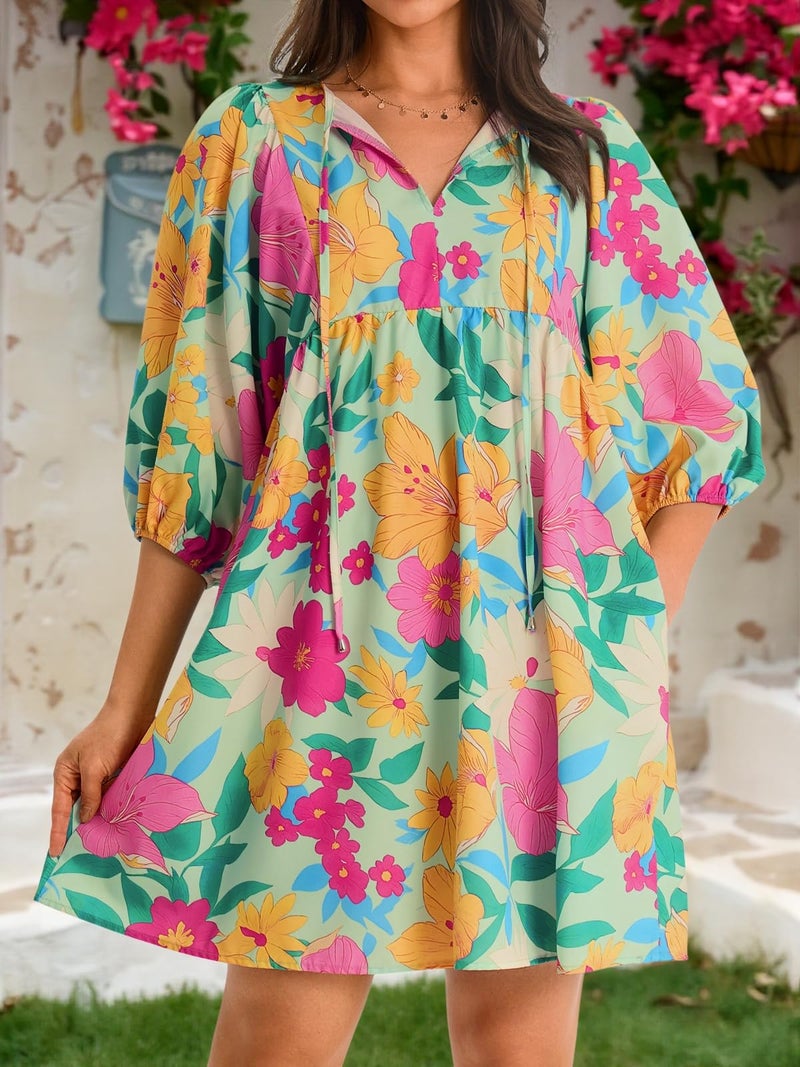 Yousify Women Floral Mini Babydoll Dress Casual Summer V Neck Puff Sleeve Beach Sundress Loose Fit Flowy Dresses Yellow Green - Image 5
