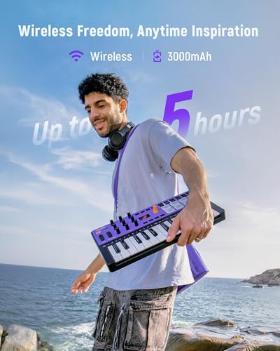 Synido Wireless 25 Keys USB MIDI Keyboard Controller Rechargeable with 8 Drum Pads, OLED Screen, MIDI In/Out/Thru, Professional BT Beat Maker Machine for Music Production, TempoKEY W25 - Image 2