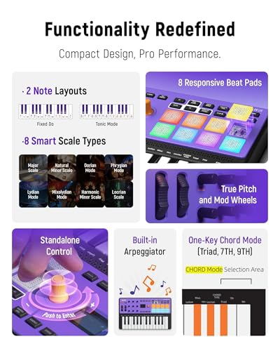 Synido Wireless 25 Keys USB MIDI Keyboard Controller Rechargeable with 8 Drum Pads, OLED Screen, MIDI In/Out/Thru, Professional BT Beat Maker Machine for Music Production, TempoKEY W25 - Image 3