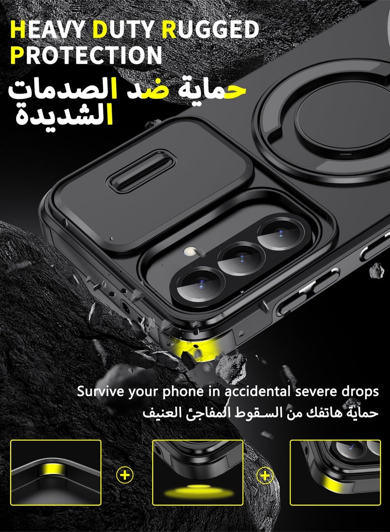عش زي غطاء كاميرا انزلاقي لهواتف سامسونج جالاكسي A36 5G / A56 5G / A37 5G، بملمس ناعم لطيف، مغناطيسي فائق القوة، مع حامل حلقة دوار 360 درجة، مزود بوسائد هوائية رباعية وحماية من الصدمات بفضل الزوايا المرتفعة قليلاً، لون أسود، قطعة واحدة - Image 3