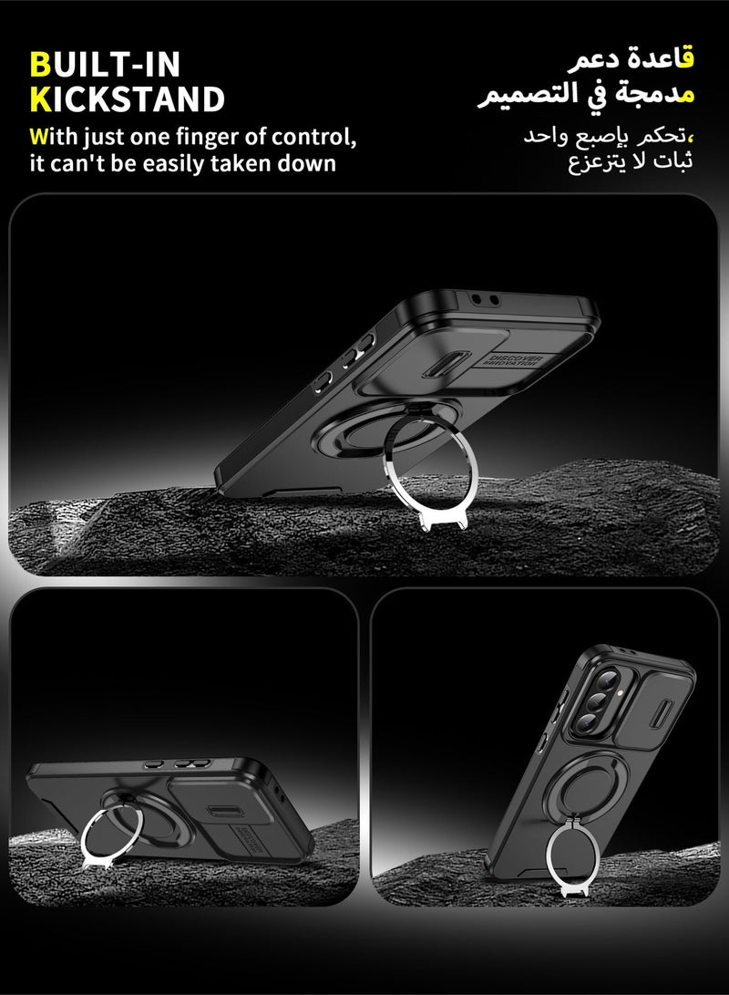 عش زي غطاء كاميرا انزلاقي لهواتف سامسونج جالاكسي A36 5G / A56 5G / A37 5G، بملمس ناعم لطيف، مغناطيسي فائق القوة، مع حامل حلقة دوار 360 درجة، مزود بوسائد هوائية رباعية وحماية من الصدمات بفضل الزوايا المرتفعة قليلاً، لون أسود، قطعة واحدة - Image 5