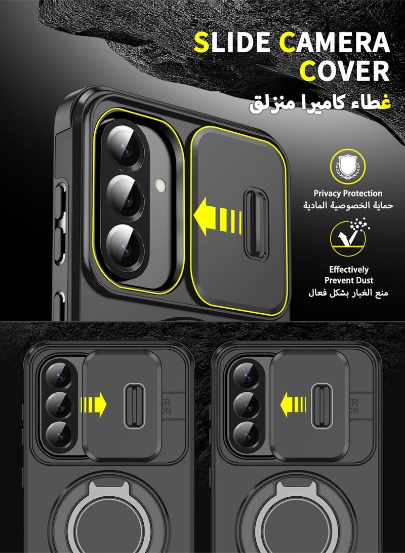 عش زي غطاء كاميرا انزلاقي لهواتف سامسونج جالاكسي A36 5G / A56 5G / A37 5G، بملمس ناعم لطيف، مغناطيسي فائق القوة، مع حامل حلقة دوار 360 درجة، مزود بوسائد هوائية رباعية وحماية من الصدمات بفضل الزوايا المرتفعة قليلاً، لون أسود، قطعة واحدة - Image 2