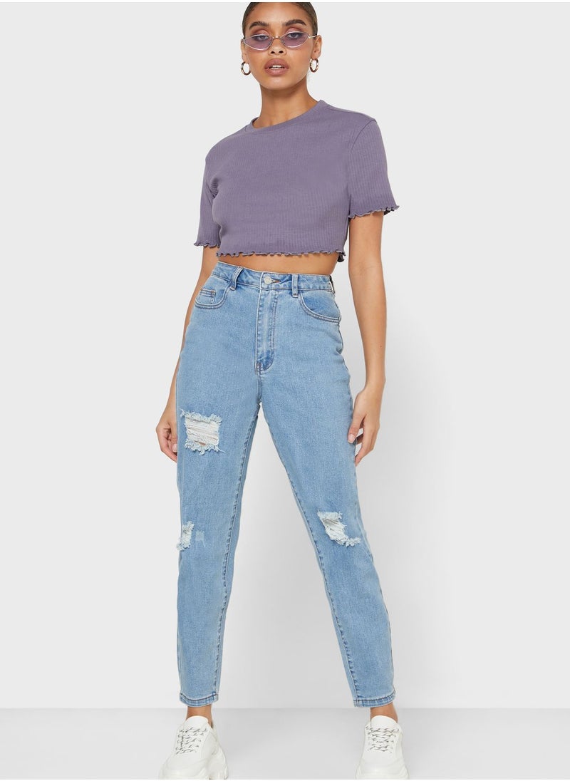 Missguided Petite Ribbed Lettuce Hem Crop Top  - Image 4
