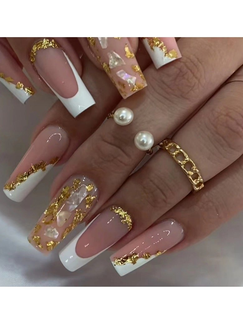 مجموعة أظافر جيلي جيل 24 قطعة مربعة، تصميم فرينش تِيب مع لمسة ذهبية للنساء والفتيات، يشمل ملف أظافر، مناديل تنظيف، عصا خشبية - Image 1