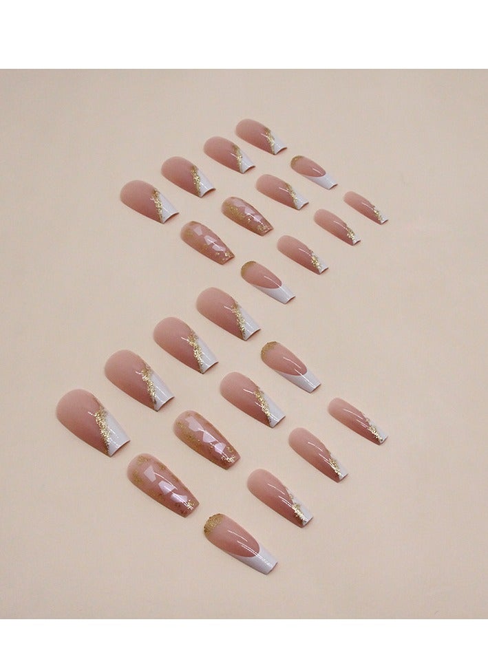 مجموعة أظافر جيلي جيل 24 قطعة مربعة، تصميم فرينش تِيب مع لمسة ذهبية للنساء والفتيات، يشمل ملف أظافر، مناديل تنظيف، عصا خشبية - Image 2
