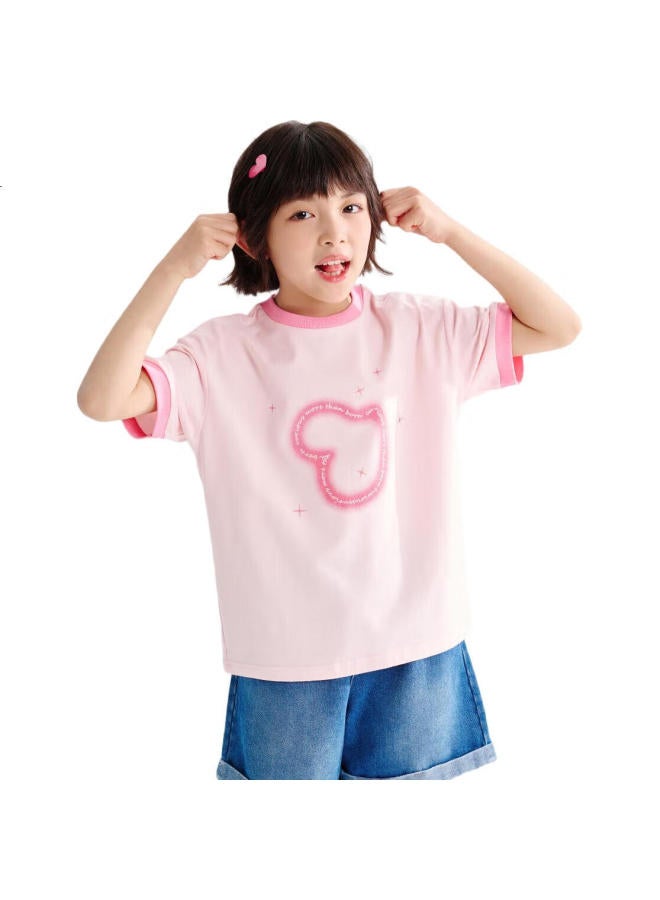 Qq Duck Girls' T-Shirt Short Sleeve Children'S Summer Wear Sweet Heart Top Youth Clothing Shining Stars Light Pink; 140 - Image 2