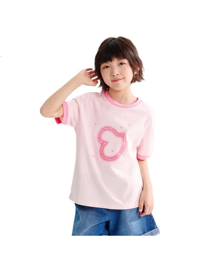 Qq Duck Girls' T-Shirt Short Sleeve Children'S Summer Wear Sweet Heart Top Youth Clothing Shining Stars Light Pink; 140 - Image 1