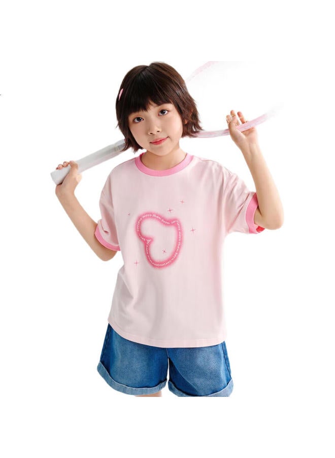 Qq Duck Girls' T-Shirt Short Sleeve Children'S Summer Wear Sweet Heart Top Youth Clothing Shining Stars Light Pink; 140 - Image 3