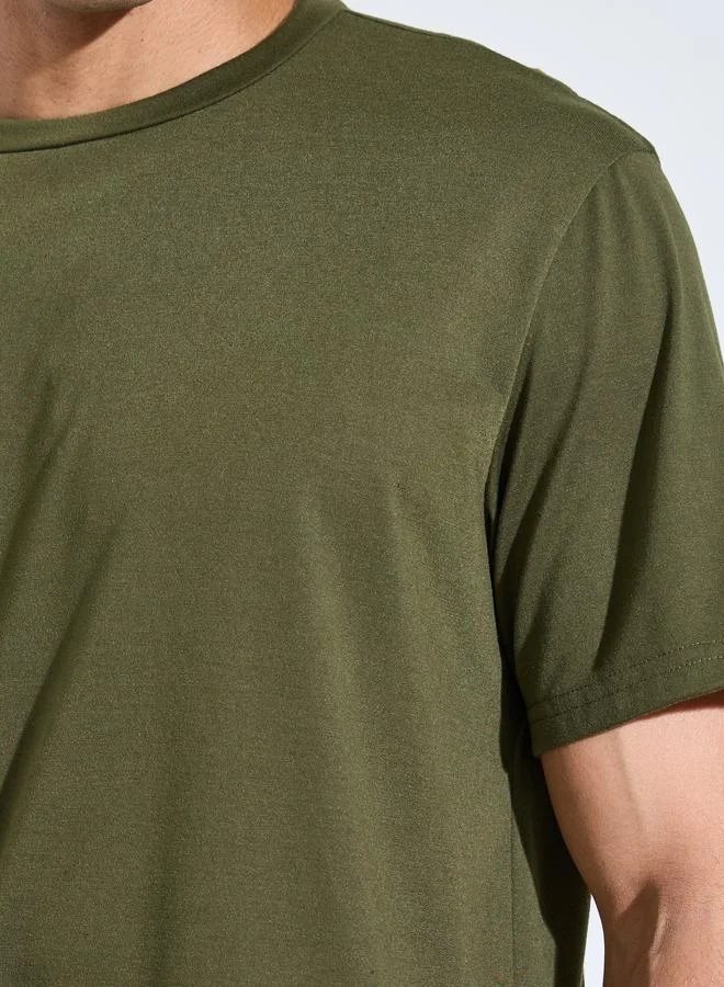 Styli  Olive Solid Short Sleeves T-Shirt and Checked Straight Leg Pants Pyjama Set for Men | Best Price UAE