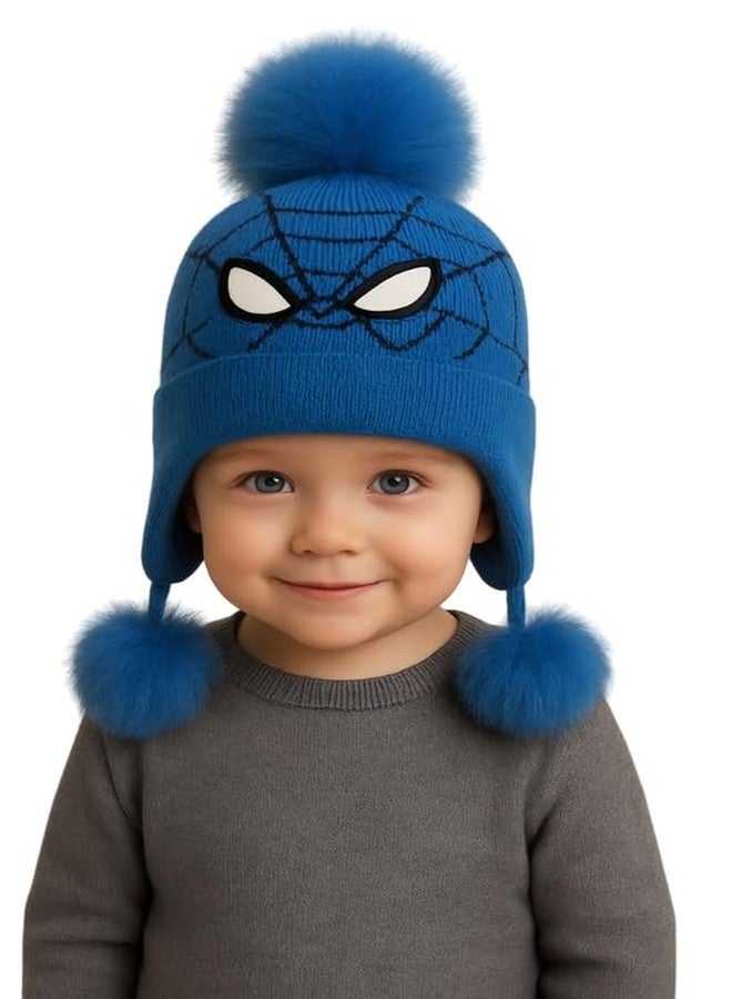Krystle Woolen Cartoon Cap for Kids | Pom Pom Beanie Winter Hat Boys Girls (Blue,2-4 Years) - Image 1