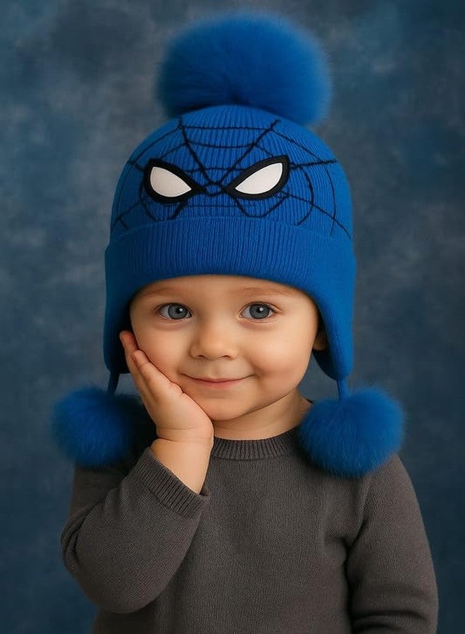 Krystle Woolen Cartoon Cap for Kids | Pom Pom Beanie Winter Hat Boys Girls (Blue,2-4 Years) - Image 2